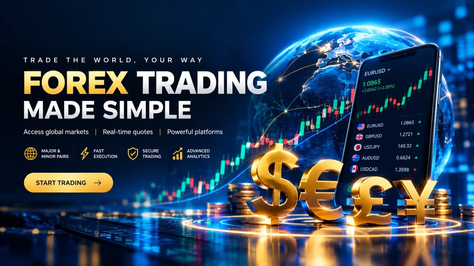 Forex trading platform on a phone with gold currency symbols in front of a glowing globe