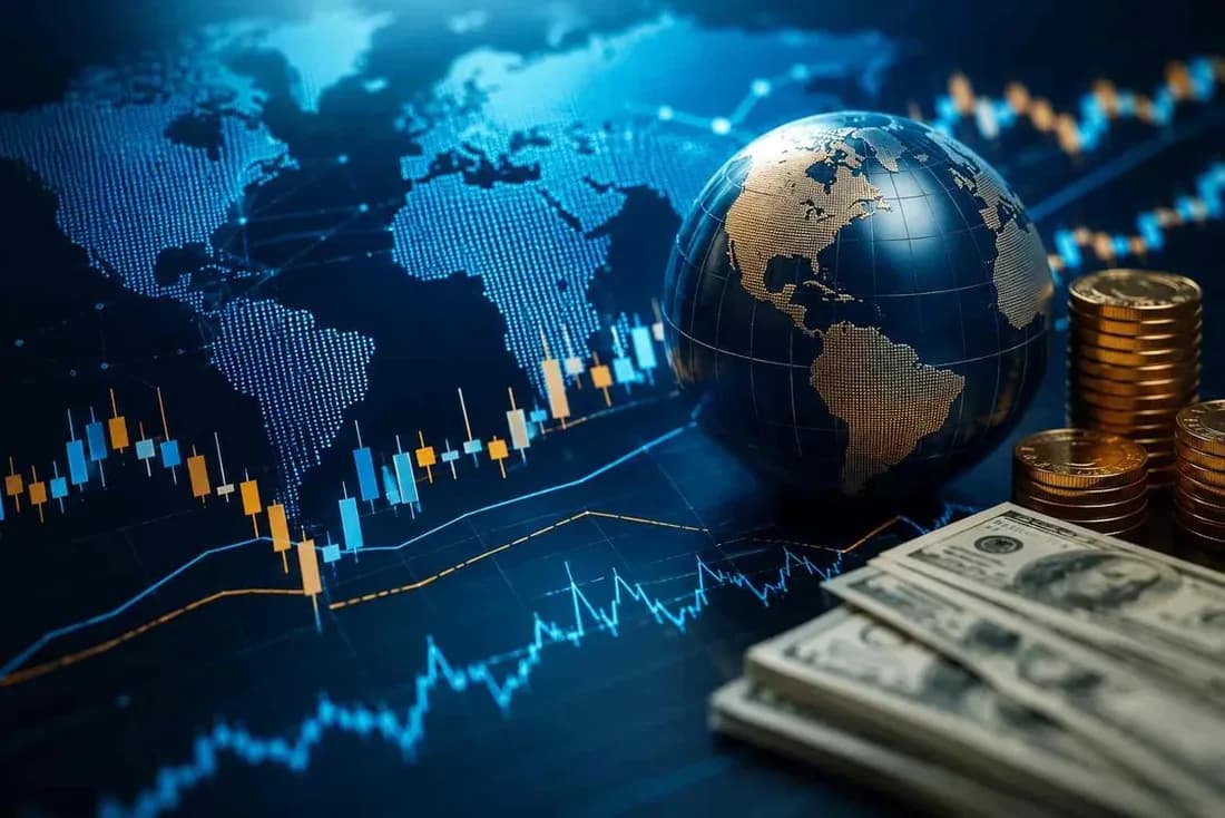 World map, candlestick charts, a golden globe, coins and banknotes